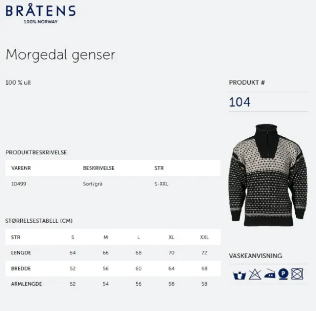 Bråtens Morgedal Genser Sort S Strikket genser i 100% Norsk ull 