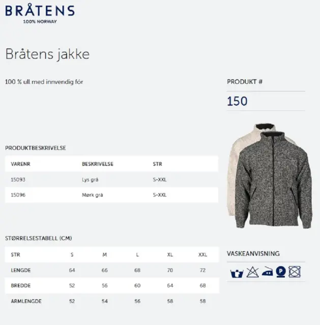 Bråtens Jakke Lys grå S Fôret jakke i 100% Norsk ull 