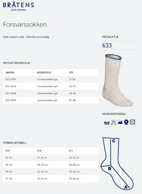 Bråtens Forsvarsokken Grå 32-35 Den klassiske forsvarssokken i Norsk ull 