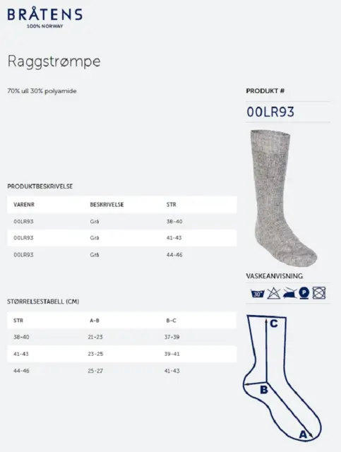 Bråtens Raggstrømpe Grå 38-40 Supergode ullstrømper av Norsk ull 