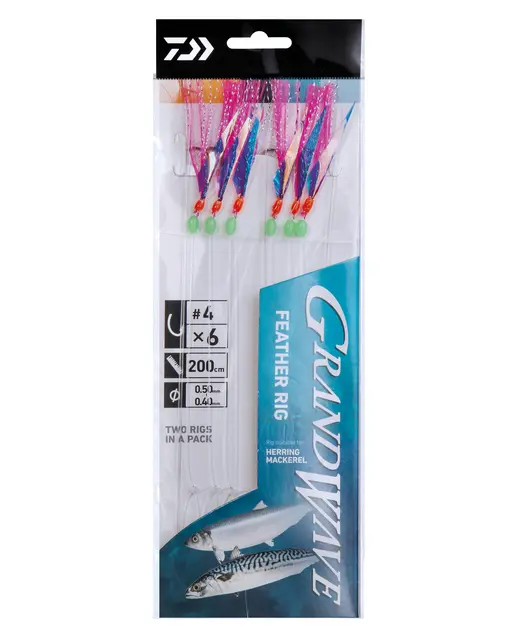 Daiwa Grand Wave Feather Rig 3 #4 Hekle med blå folie og rosa flash 