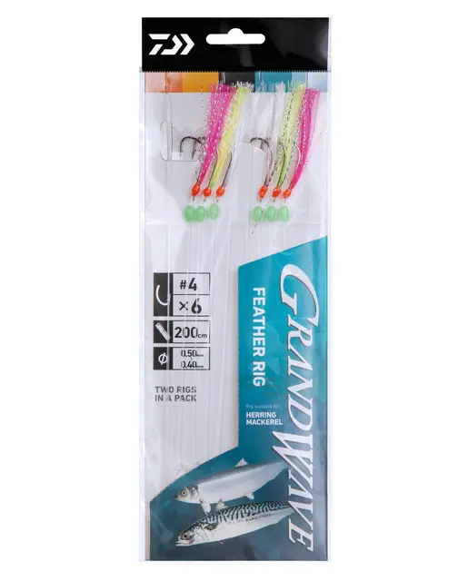 Daiwa Grand Wave Feather Rig 4 #4 Hekle med rosa, gul og hvit flash 