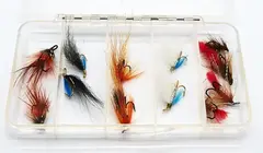 Flueboks med 12 stk rekeimitasjoner Laksefluer med Partridge treblekroker