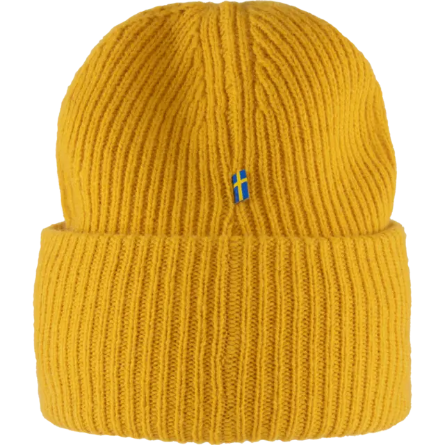 Fjällräven 1960 Logo Hat Mustard Yellow Behagelig strikkelue i lammeull 