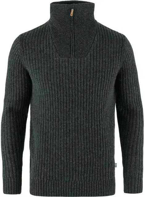 Fjällräven Övik Half Zip Knit M L Tidløs ullgenser til herre i dark grey 