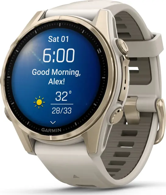 Garmin fenix 8 43 mm AMOLED Sapphire Soft Gold med tåkegrå/sand silikonrem 