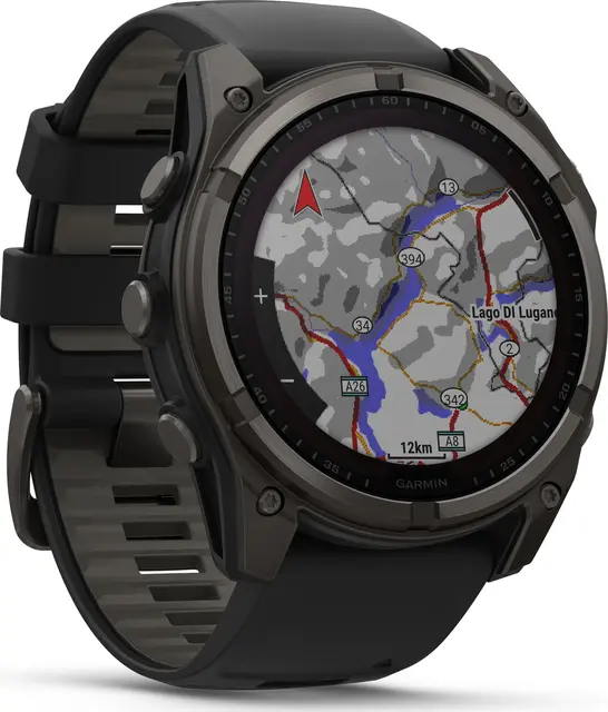 Garmin fenix 8 51 mm Solar Sapphire Karbongrå DLC-titan sort/grå silikonrem 