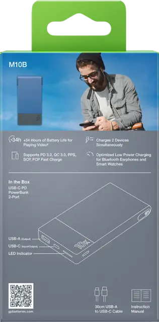 GP Powerbank M2 Blue 10000 mAh, 22,5 W ladehastighet 