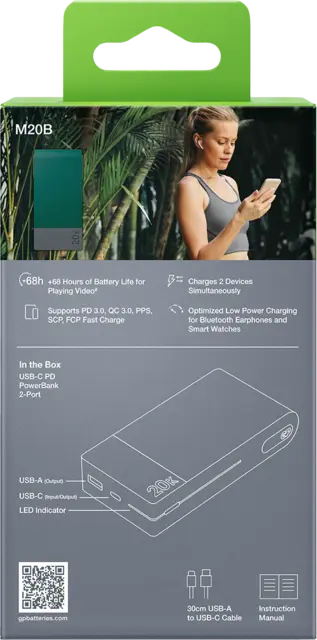 GP Powerbank M2 Green 20000 mAh, 22,5 W ladehastighet 