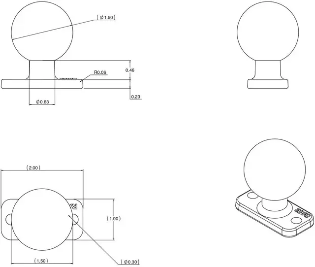 RAM Ball Base with 1,5" 2 Hole Pattern RAM kulebase med B-kule 