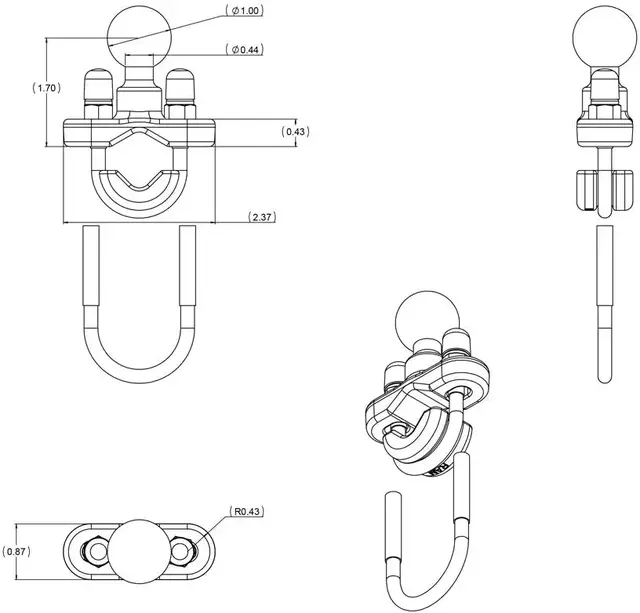 RAM Handlebar U-Bolt Base for Rails U-bolt feste for rør 12,7-25,4mm 