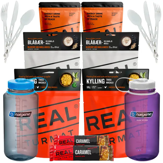 Real Turmat pakke for par på tur Turmat, drikke, drikkeflaske og bestikk 