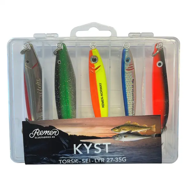 Remen Kyst Torsk Sei Lyr 27-35g Slukboks perfekt for saltvannsfiske 