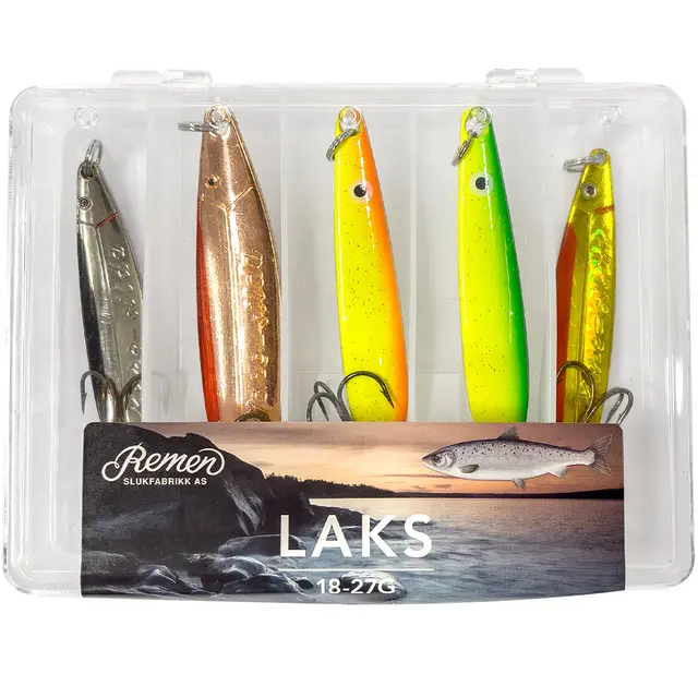 Remen Laks 18-27g Sluksett i slukboks til liten lakseelv 