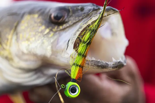 VMC Moontail Jigs Pink Fire UV 10,5g Jigghoder utstyrt med bucktail og flash 