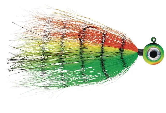 VMC Moontail Jigs Fire Tiger 10,5g Jigghoder utstyrt med bucktail og flash 